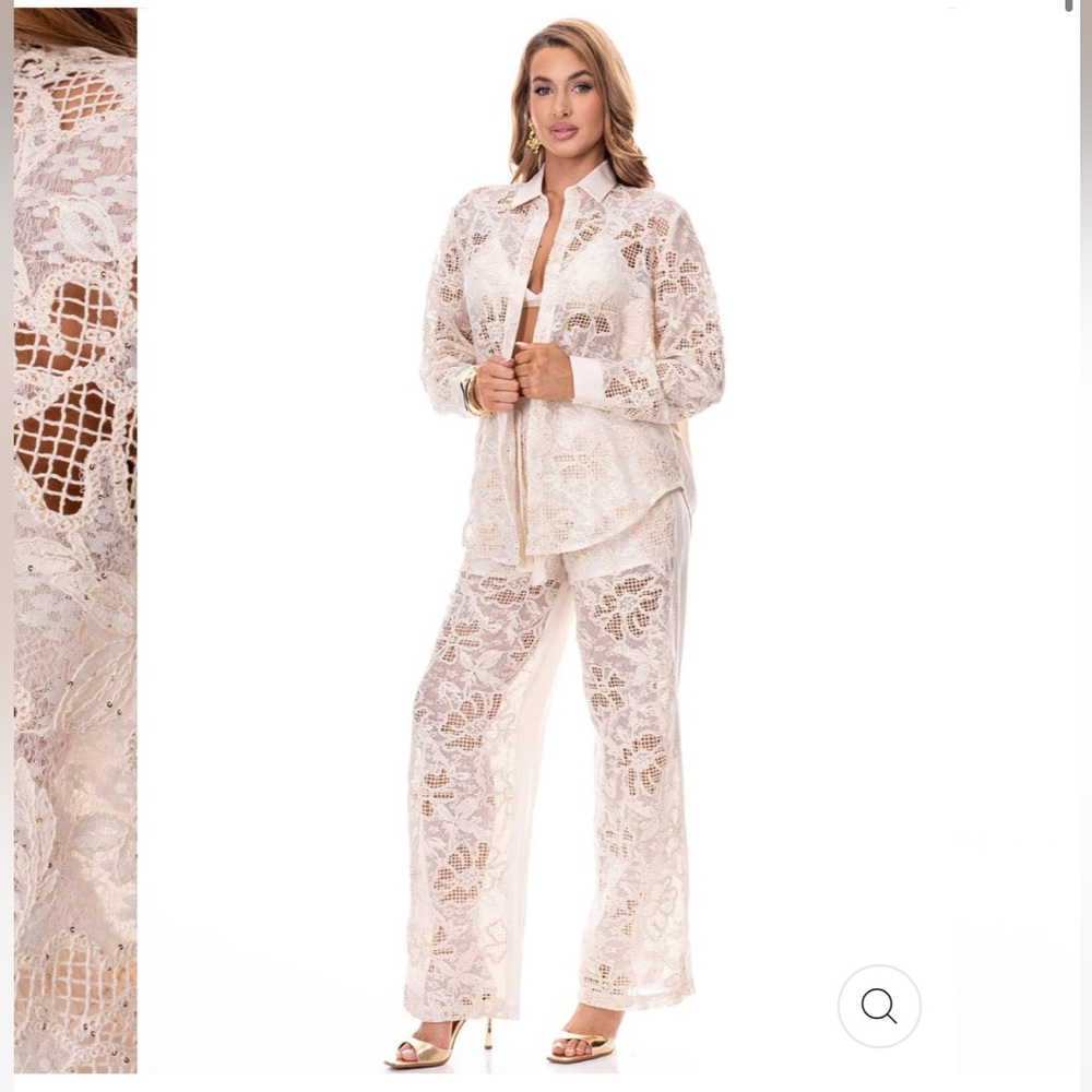 0401. Elegant Lace BLOUSE & ELASTIC WAIST PANTS EMBROIDERY FLORAL 2PC. SET - Picture 3 of 3